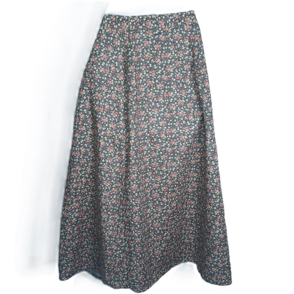 Cottagecore Linen Blend Calico Floral Midi Skirt & Vest Set Green Preppy - Picture 8 of 10